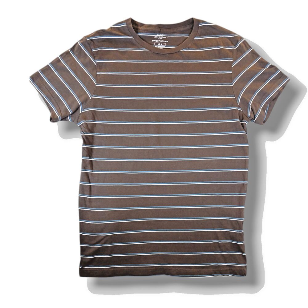 L.O.G.G By H&M Brown Blue White Striped Cotton T-Shirt Short Sleeves Size M